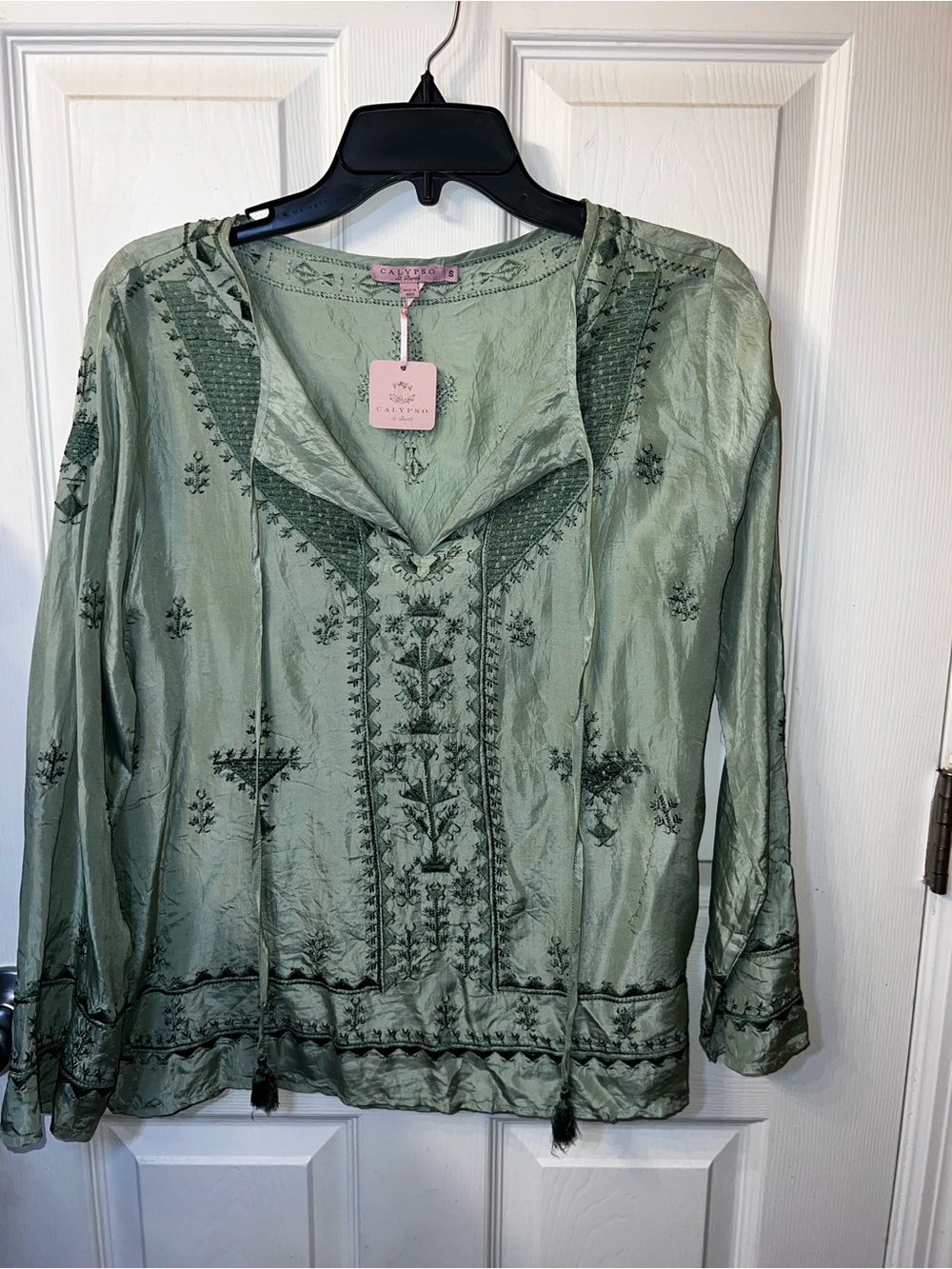 NWT CALYPSO ST BARTH Caspari Sage Green Silk Embroidered Tunic Blouse Top S $260